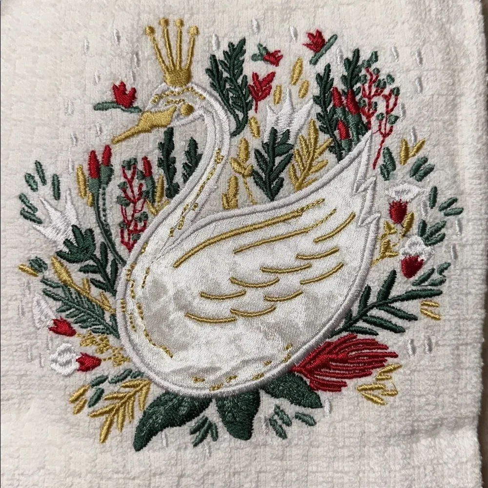 Embroidered Swan Queen White Red Christmas Holiday Tea Kitchen Towels set of 3